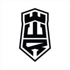 WR Letter Logo monogram hexagon shield shape up and down with crown castle isolated style design