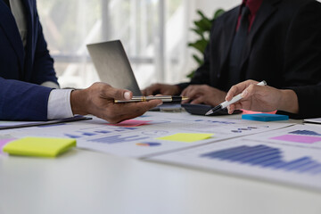 Businessmen brainstorm and work together on finance and marketing of new business, company meeting discuss planning Working in an organization and analysis of business strategies, close-up images