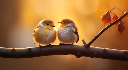 Two birds on a branch in the autumn light, in the style of cute and dreamy, light brown and light amber

