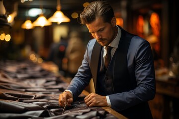Small business owner, a skilled tailor, meticulously measuring fabric for a custom suit, Generative AI