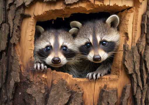 Two raccoon looking through a hole in one tree, in the style of quadratura, nul group, group material

