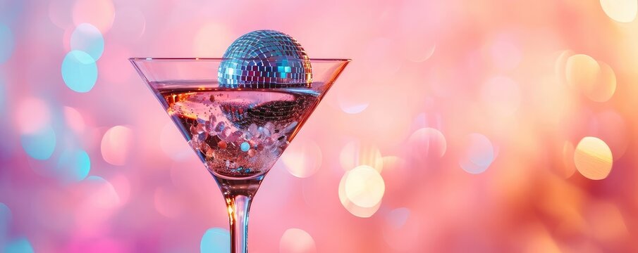 Party cocktail with disco ball on bright neon background. Disco party, retro fashion. Contemporary style festive backdrop for card, banner, flyer, menu