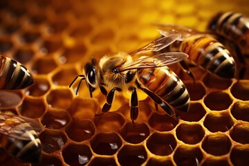 Bees on honeycombs with honey