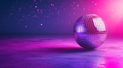 Fototapeta na wymiar Close-Up Of Shiny Disco Ball. Mirror ball on purple background