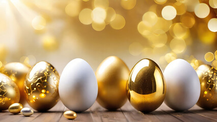 Easter golden eggs stand in a row on blurred gold light bokeh background.Minimal festive concept, Happy Easter greeting card with copy space for text.Selective focus.Generative AI.