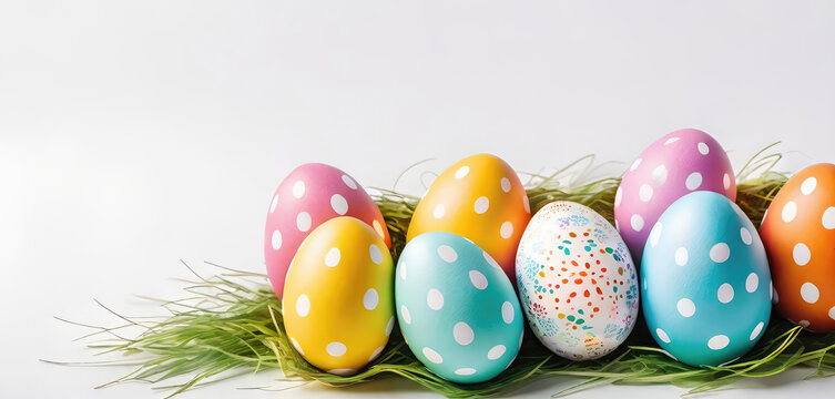 Colorful Easter egg side border on a white wooden background. Banner for design with copy space. Generative AI