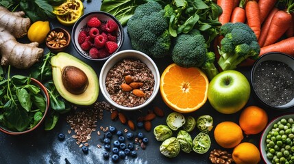 Healthy food clean eating selection: fruit, vegetable, superfoods, seeds, superfoods and vitamins - obrazy, fototapety, plakaty