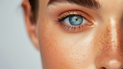 Close-up of person's face focusing on one eye with a blue iris and is surrounded by freckles on healthy skin, eyelashes are long and natural, and eyebrow above is well-groomed.