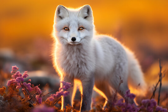 Arctic fox, pteropus arcticus | 500px, in the style of golden light, vibrant colors in nature, norwegian nature, focus stacking, white and gray, saturated color field, photo-realistic hyperbole

