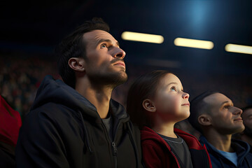Parents in the stands of the stadium supporting their children. A father and his young daughter, joyfully immersed in the thrilling atmosphere of a live sporting event, sharing a moment of bonding.