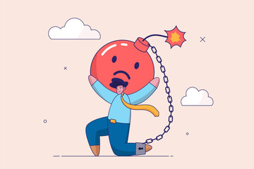 Emotional causing problem concept. Stressed burden, anxiety or negative thinking, anger, mental health or depression, overworked or overwhelmed, depressed businessman chain with sad face burden.