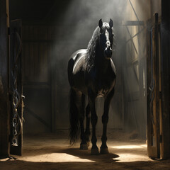 beautiful friesian horse in a dark stall with a ray of light from the sun