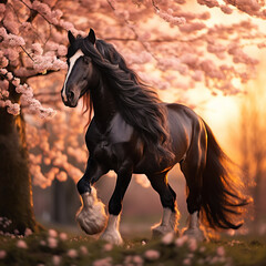 beautiful friesian horse in a spring park with magnolia flowers at sunset