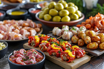 An assortment of Spanish tapas, featuring stuffed olives, patatas bravas, and gambas al ajillo