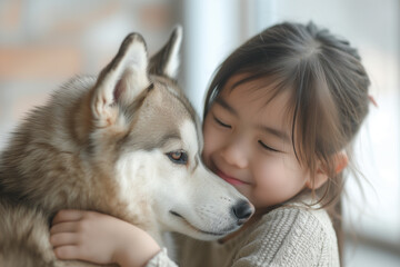 Gentle Embrace Between Asian Child Girl and Young Husky Poppy Signifying Pure Affection