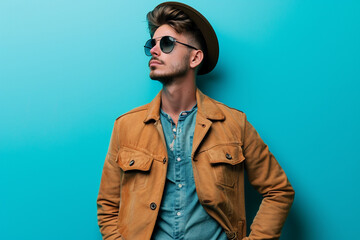 Fototapeta premium Fashion young man in studio giving pose on isolated color background