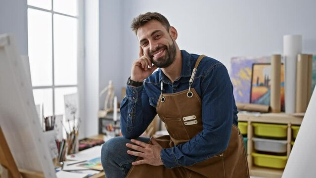 Portrait of a smiling young hispanic man, confidently sitting amid his art studio, brimming with paintings