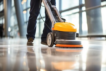Worker cleaning floor with high speed machine - Powered by Adobe