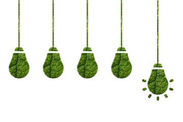 Health care concep. Green Energy. Light bulbs made of green leaf on white background. Sustainable...