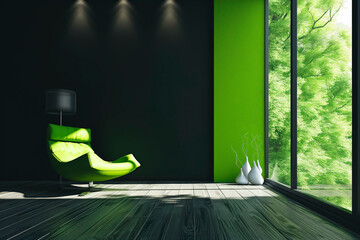 Empty living room with green tones and black walls