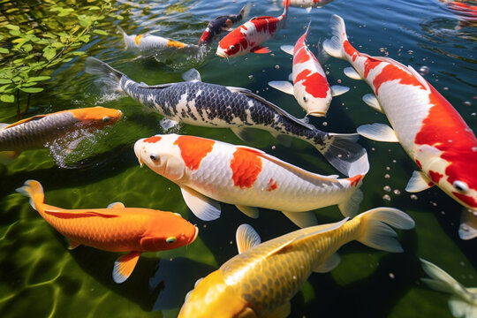 Carp or Koi in the various colors are white, black, red, yellow, blue, and cream. They are swimming in a cold-water fish in the very green pool in day time