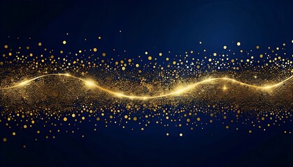 A glowing, dark blue, and gold particle abstract background with a navy blue shade. The foil...