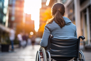 Back view of disabled woman in wheelchair with blurry city street in background - obrazy, fototapety, plakaty