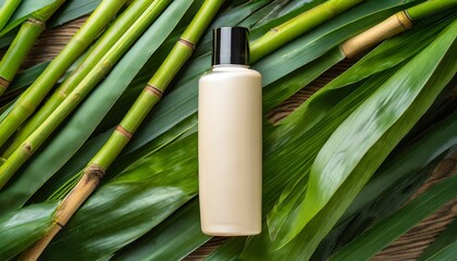 Obraz premium Zen Beauty Rituals: Shampoo Bottle Presentation on Bamboo Leaves