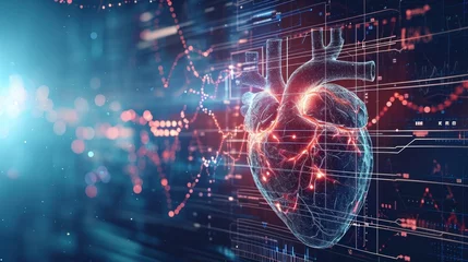 Muurstickers Heartbeat line transforming into a digital AI code, AI role in real-time patient monitoring and heart health management. Advanced AI technology for cardiac care © irissca