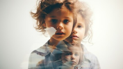 Conceptual Portrait of Child with Overlapping Faces multiple exposure. Challenging behavior, toddlers and young children. Baby development - obrazy, fototapety, plakaty