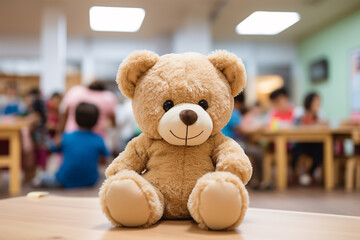 Teddy bear toy with blurry room with children iin children day care center, kindergarten or...