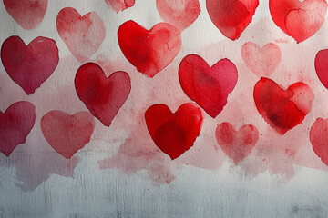 watercolor Beautiful love hearts printed on clean white textured wall, Happy valentine day concept 
