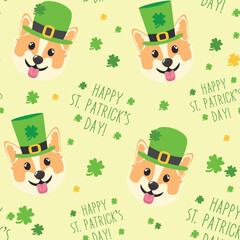 Patricks day seamless pattern with a happy corgi dog with hat. St. Patrick's Day background with a cute corgi, trefoil, shamrock, patrick's hat.