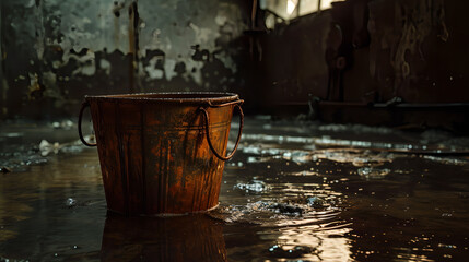 Bucket in flooded basement	