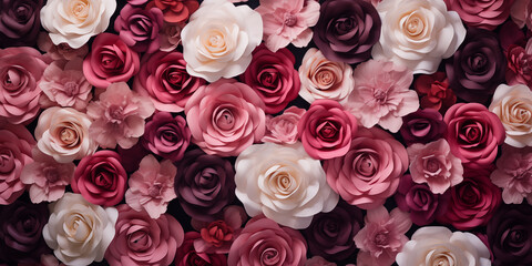  3D Background of roses in pastel pink and lilac colors, top view