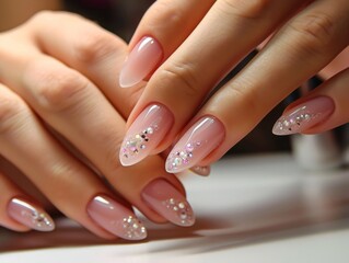 Fashionable nail art with rhinestones and subtle pink polish for a chic look. - obrazy, fototapety, plakaty