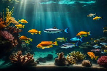 Fototapeta na wymiar Develop a narrative about a group of fish in an aquarium embarking on an epic adventure to uncover the source of a mysterious disturbance in their underwater habitat