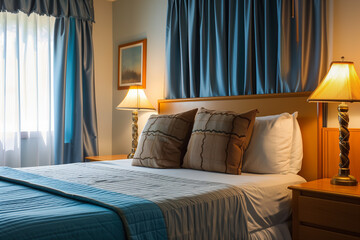 design for cozy hotel room. ad for a hotel or motel. nice and clean room with king sized bed. lamps. blue. hotel suite