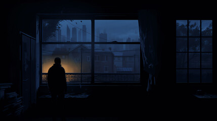 A suspenseful scene with a person looking out of a window