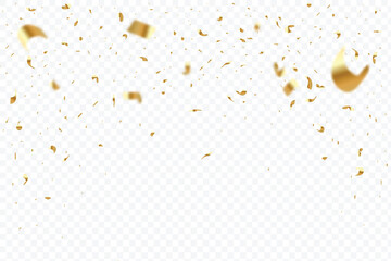 Golden confetti and party tinsel falling on a transparent background. Confetti falling background vector with golden color. Party, anniversary or Birthday celebration gold foil and confetti vector. - obrazy, fototapety, plakaty