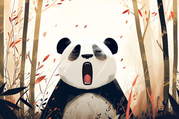 Panda bocejando na floresta - Ilustração infantil fofa 2d