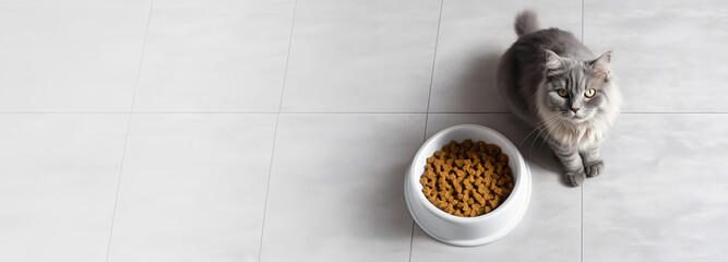 banner copyspace, gray cat eats from a white pest bowl, top view, of kibble in a modern kitchenpet nutrition and lifestyle brands. - obrazy, fototapety, plakaty