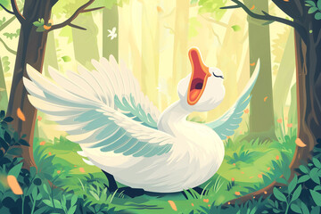 pato branco bocejando na floresta - Ilustração infantil fofa 2d