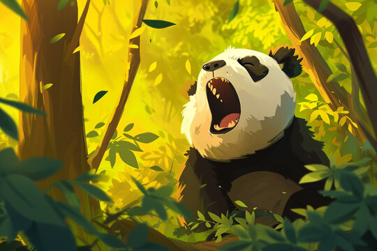 Panda bocejando na floresta - Ilustração infantil fofa 2d