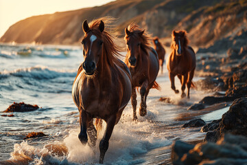 Brown horses running on a beach - 707054508