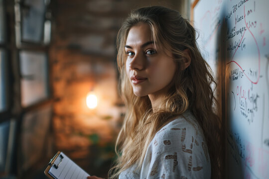 Female student with clipboard standing by white bord