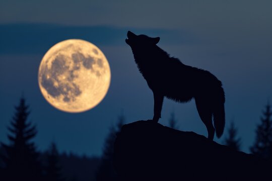 Silhouette of a lone wolf howling at the moon