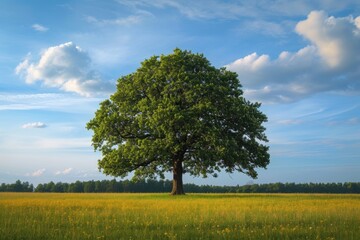 Fototapeta na wymiar Single oak tree standing resiliently in a meadow