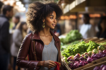 A young African-American woman chooses groceries at a vegetable market.
