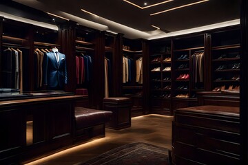 Craft a captivating photo that exudes luxury, highlighting the interior of a male wardrobe in a boutique filled with expensive suits, designer shoes, and sophisticated clothing items
